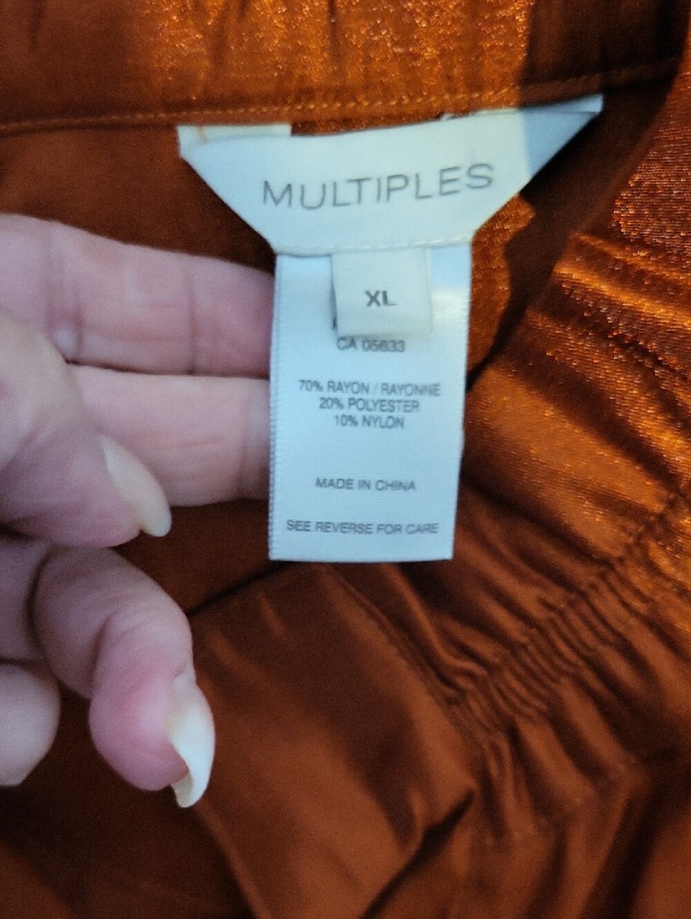 Multiples Shimmering Rust Colored Satin Button-Up Top - Picture 5 of 7